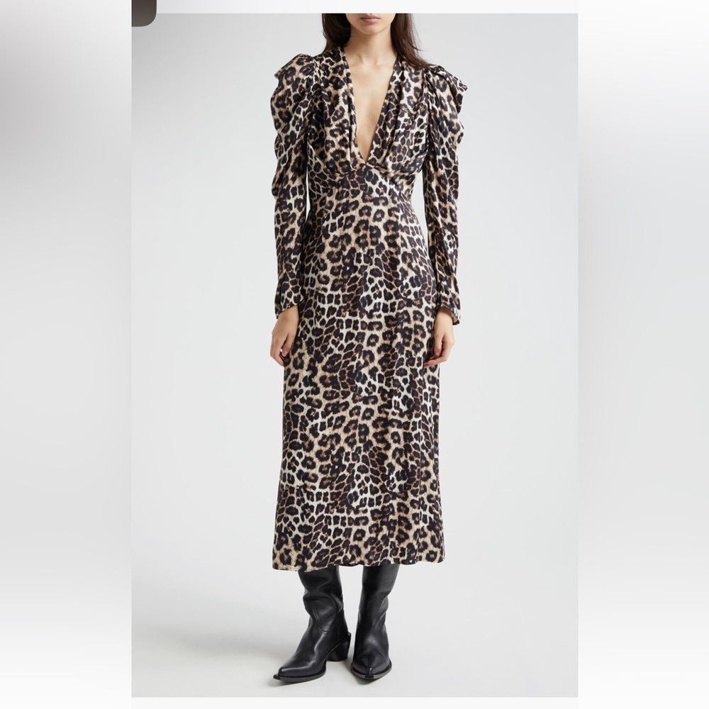 FARM Rio Brown and Black Sheath Dress with Bishop Sleeves